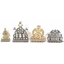 Collection of 4 old brass Hanukkah menorah lamps, antique design