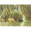 Image 1 : Eric Anthony Smit (1939-2016), deer drinking in nature with waterfall in the background of En Gedi