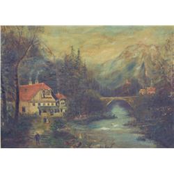 Unknown artist, houses against the background of the Alps