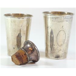 Lot of 2 antique silver items: 2 Kiddush cups and a wine bottle cork
