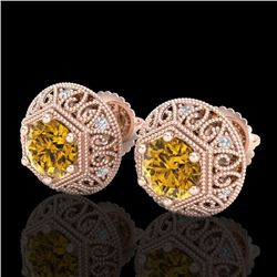 1.31 CTW Intense Fancy Yellow Diamond Art Deco Stud Earrings 18K Rose Gold - REF-149X3R - 37561
