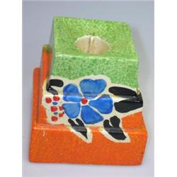 A Clarice Cliff Bizarre 'Nuage' Pattern candlestick, the three tier square sides sponged in green a.