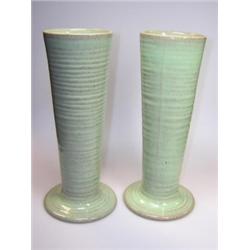 A pair of Clarice Cliff 'Yuan' pattern vases, the cylindrical shapes tapering to spreading feet and.