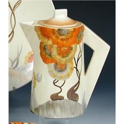 A Clarice Cliff 'Rodanthe' pattern coffee pot and cover, the flared cylindrical sides painted with..