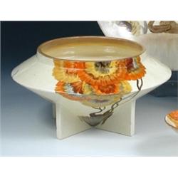 A Clarice Cliff 'Rodanthe' pattern rose bowl, typically painted with orange and ochre stylised dais.