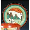 Image 1 : A Clarice Cliff Bizarre Honeyglaze 'Limberlust' pattern plate painted with two white flower heads i.