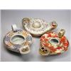 Image 1 : Three similar early 19th century inkwells, possibly Worcester, each modelled as oil lamps with doub.