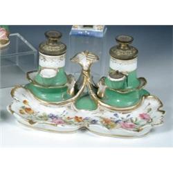 Attribute to Hoquet, a Paris porcelain 'Encrier a Pompe' inkstand, the gilt metal screw tops to the.