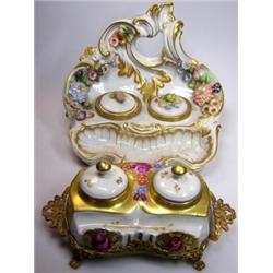 A 20th century 'Capodimonte' inkstand, the flower applied rococo form with two receivers behind a r.
