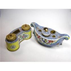 A 20th century Desvres inkstand painted with birds in the Kakiemon style on the boat shaped sides,..