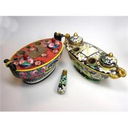 An early 20th century French inkstand and seal painted in famille noire enamels with plum blossoms..