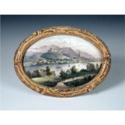 Two 19th century Swiss view plaques, one of the porcelain ovals painted with a view of 'Berne' and..