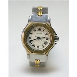 A stainless steel and 18ct gold cased ladies "Santos" wristwatch by Cartier with octagonal screw se.