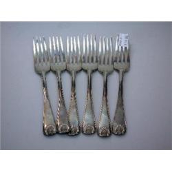 A set of six Victorian silver Old English, shell and thread pattern table forks by George Adams, Lo.