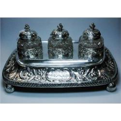A large silver inkstand, the rectangular base by Peter and William Bateman, London 1809, plain on t.