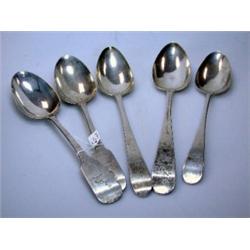 Five Irish silver table spoons: three of plain Old English pattern, makers JB, Dublin 1802, JK, Dub.