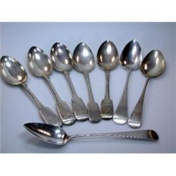 Eight Exeter silver tablespoons comprising: three Victorian silver fiddle pattern spoons by James a.