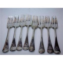 A matched set of eight George III silver Old English pattern table forks, various makers and dates..