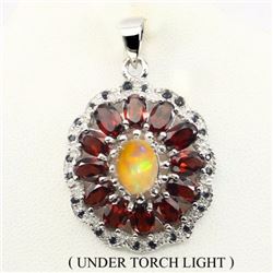 Natural White Opal, Garnet & Sapphire Pendant