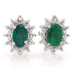 EARRINGS -  1 1/3  CTW OVAL FACETED ENHANCED GENUINE RICH GREEN EMERALD & 2 ROUND FACETED DIAMONDS I