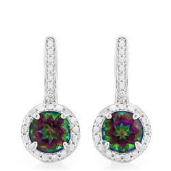 EARRINGS -  2 CTW ROUND FACETED MYSTIC GEMSTONE & 2 DIAMOND IN 925 STERLING SILVER SET - RETAIL ESTI