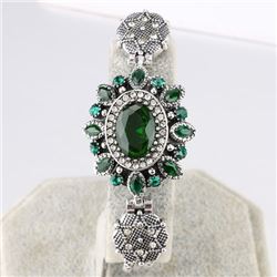 BRACELET - VINTAGE STYLE CRAFTING OF EMERALD LIKE GEM IN GERMAN STERLING SILVER SETTING WITH 18K GOL