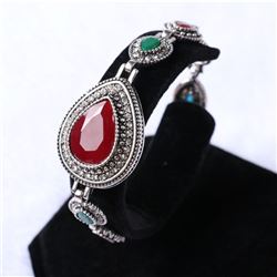 BRACELET - VINTAGE STYLE CRAFTING OF RUBY STYLE GEMS IN GERMAN STERLING SILVER SETTING WITH 18K GOLD