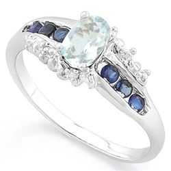RING - 1/3 CT AQUAMARINE & 3 2/5 CTW (8 PCS) GENUINE SAPPHIRE & 8 CREATED DIAMONDS IN 925 STERLING S