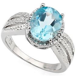 RING - 3.19 CARAT  BLUE TOPAZ & 2 GENUINE DIAMONDS IN PLATINUM OVER 0.925 STERLING SILVER SETTING - 