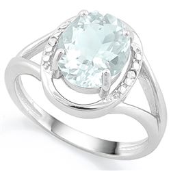 RING - 1 3/4 CARAT AQUAMARINE & 2 DIAMONDS IN 925 STERLING SILVER SETTING - SZ 7 - RETAIL ESTIMATE $
