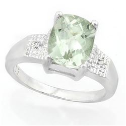 RING - 2 1/2 CARAT GREEN AMETHYST & DIAMOND IN 925 STERLING SILVER SETTING - SZ 7 - RETAIL ESTIMATE 