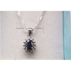 NECKLACE - OVAL FACETED BLUE SAPPHIRE & DIAMOND IN STERLING SILVER SETTING - RETAIL ESTIMATE $350