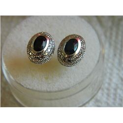 EARRINGS - 1.2 CTW OVAL FACETTED BLUE SAPPHIRE & GENUINE DIAMONDS IN STERLING SILVER SETTING - POST 