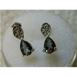 EARRINGS - PEAR FACETED MYSTIC TOPAZ & DIAMONDS IN STERLING SILVER SETTING - INCLUDES CERTIFICATE $3