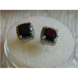 EARRINGS- NEW SQUARE CUT BLUE SAPPHIRE & DIAMONDS IN STERLING SILVER STUD DESIGN - RETAIL ESTIMATE $