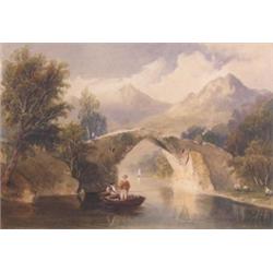 English School (19th Century) Two Young Men Fishing from a Rowing Boat on a River, watched by a Mot.