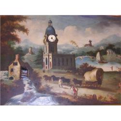 Continental School An Italianate Church, with Tower Clock, with a Wagon and Horses passing by, Villa