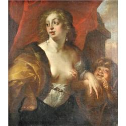 Dutch School (18/19th Century) Portrait of a Lady, en deshabillE9, being Teased by cupid, oil on ca.