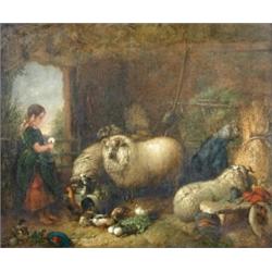John F Pasmore (fl. 1841-1866) A Shepherdess with Sheep, a Cockerel, Ducks and Hens in a Barn, oil..