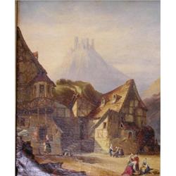 English School (19th Century) A European Village by a River; and a European Town with Villagers at..