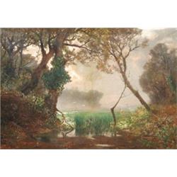 English School (19th Century) Wooded Landscape with a Lake, signed indistinctly lower left, oil on c