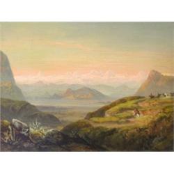 Continental School (19th Century) Riders at Sunset, in a Mountainous Landscape, signed indistinctly.