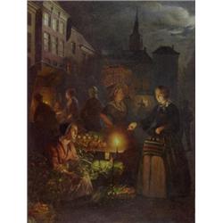 Petrus Van Schendel (Dutch, 1806-1870) A Woman buying Vegetables at a Market Stall, lit by Candleli.
