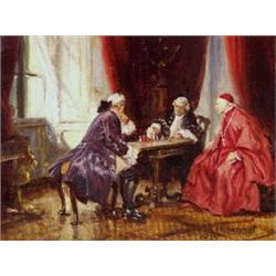 Frank Moss Bennett (1874-1953) Noblemen playing Chess, with a Cardinal watching, signed lower right.