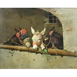 F Pepe (Italian, 19th Century) Three Donkeys, signed lower right "F Pepe", oil on canvas, 36 x 46cm.