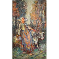 John Henry Amshewitz (British, 1882-1942) The Dairymaid, signed lower right "J H Amshewitz", oil on.