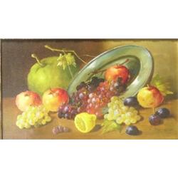 H Stoitzner (Austrian, 19/20th Century) A Still Life of Grapes, Peaches and Apples with a Pewter Pl.