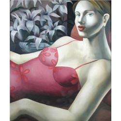 Rachel Deacon (British, 20th Century) Woman with Lilies, signed lower right "R Deacon", oil on canv.