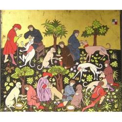 Attributed to Bice Caprile (Italian, 20th Century) A Mediaeval Scene with Figures and Hunting Dogs,.