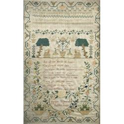 Matilda Whawell, her early 19th century needlework sampler worked with the alphabet, numerals, lion.